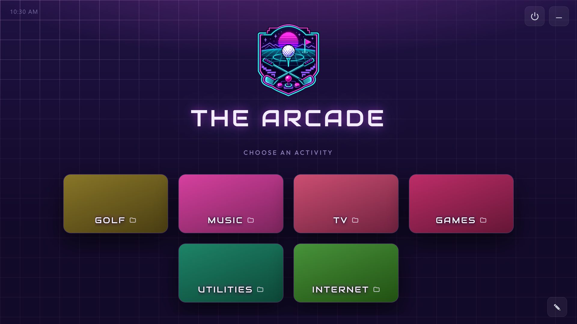 THE ARCADE, a RoomCaddie home screen in the Arcade theme, with six tiles: Golf, Music, TV, Games, Utilities and Internet.