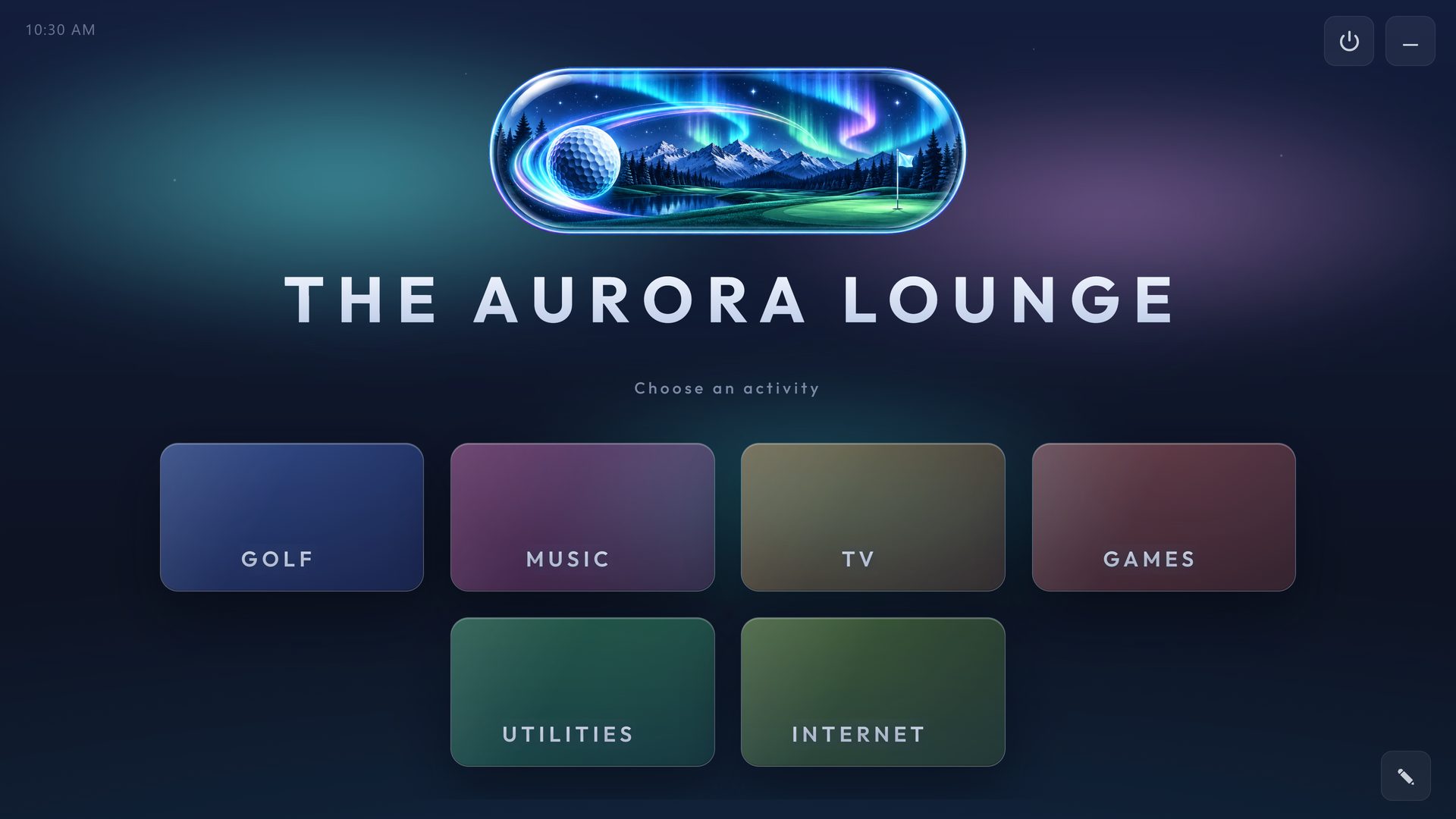 THE AURORA LOUNGE, a RoomCaddie home screen in the Aurora Glass theme, with six tiles: Golf, Music, TV, Games, Utilities and Internet.