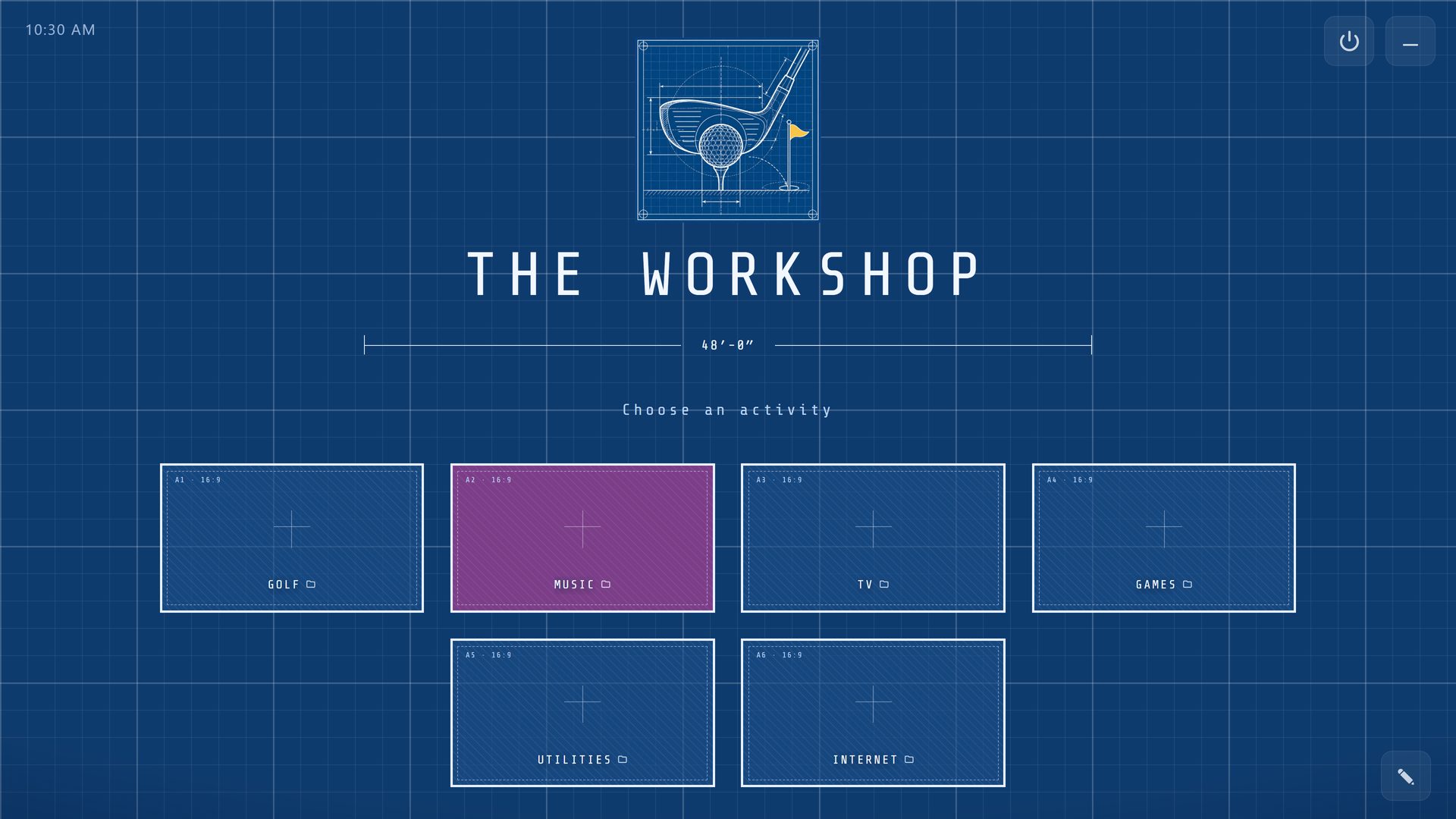 THE WORKSHOP, a RoomCaddie home screen in the Blueprint theme, with six tiles: Golf, Music, TV, Games, Utilities and Internet.