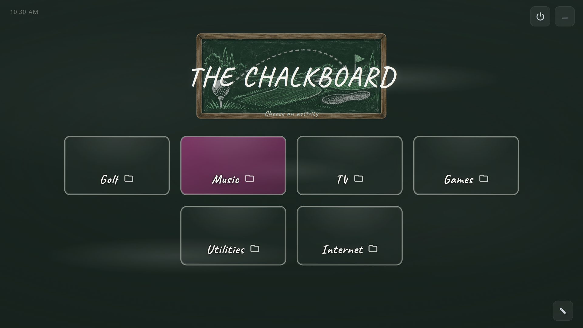 THE CHALKBOARD, a RoomCaddie home screen in the Chalkboard theme, with six tiles: Golf, Music, TV, Games, Utilities and Internet.