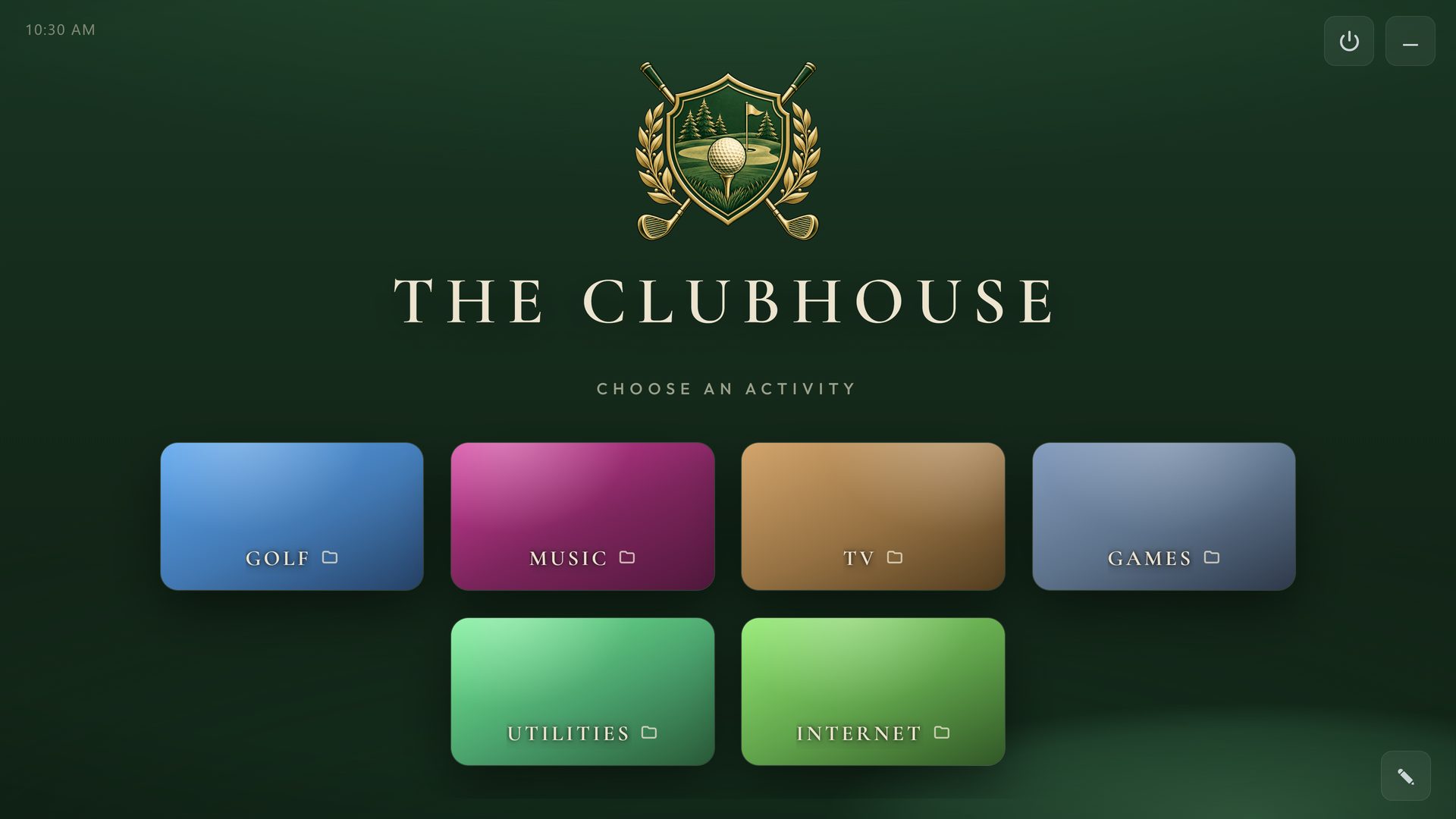 THE CLUBHOUSE, a RoomCaddie home screen in the Clubhouse theme, with six tiles: Golf, Music, TV, Games, Utilities and Internet.