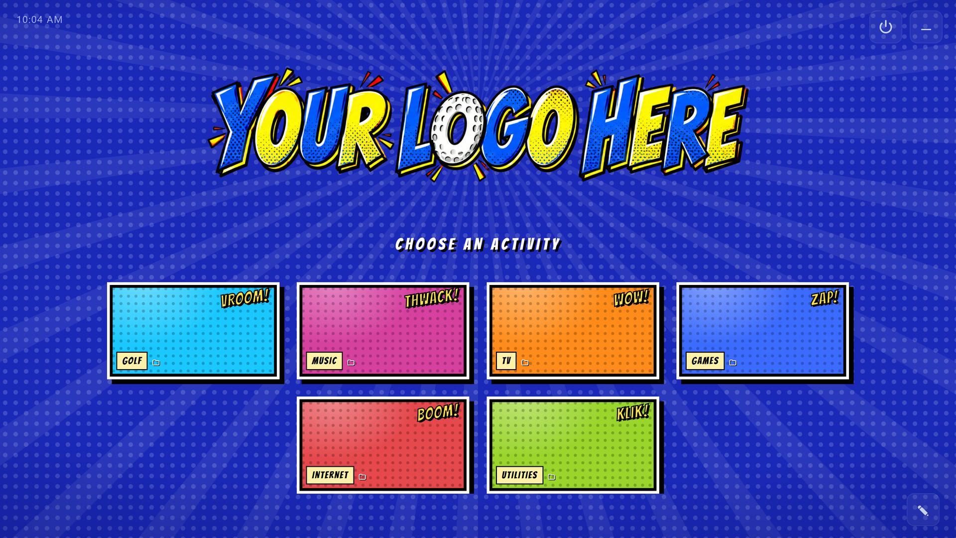 YOUR LOGO HERE, a RoomCaddie home screen in the Comic Book theme showing where your own logo goes, with six tiles: Golf, Music, TV, Games, Internet and Utilities.