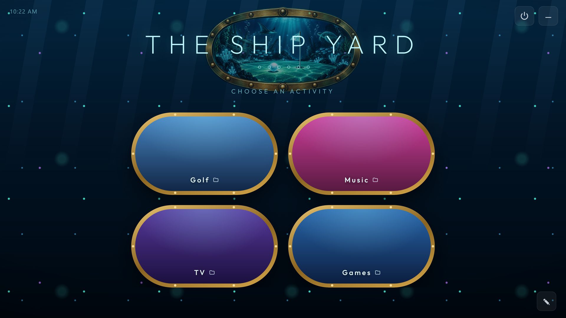 THE SHIP YARD, a RoomCaddie home screen in the Deep Sea theme, with four tiles: Golf, Music, TV and Games.