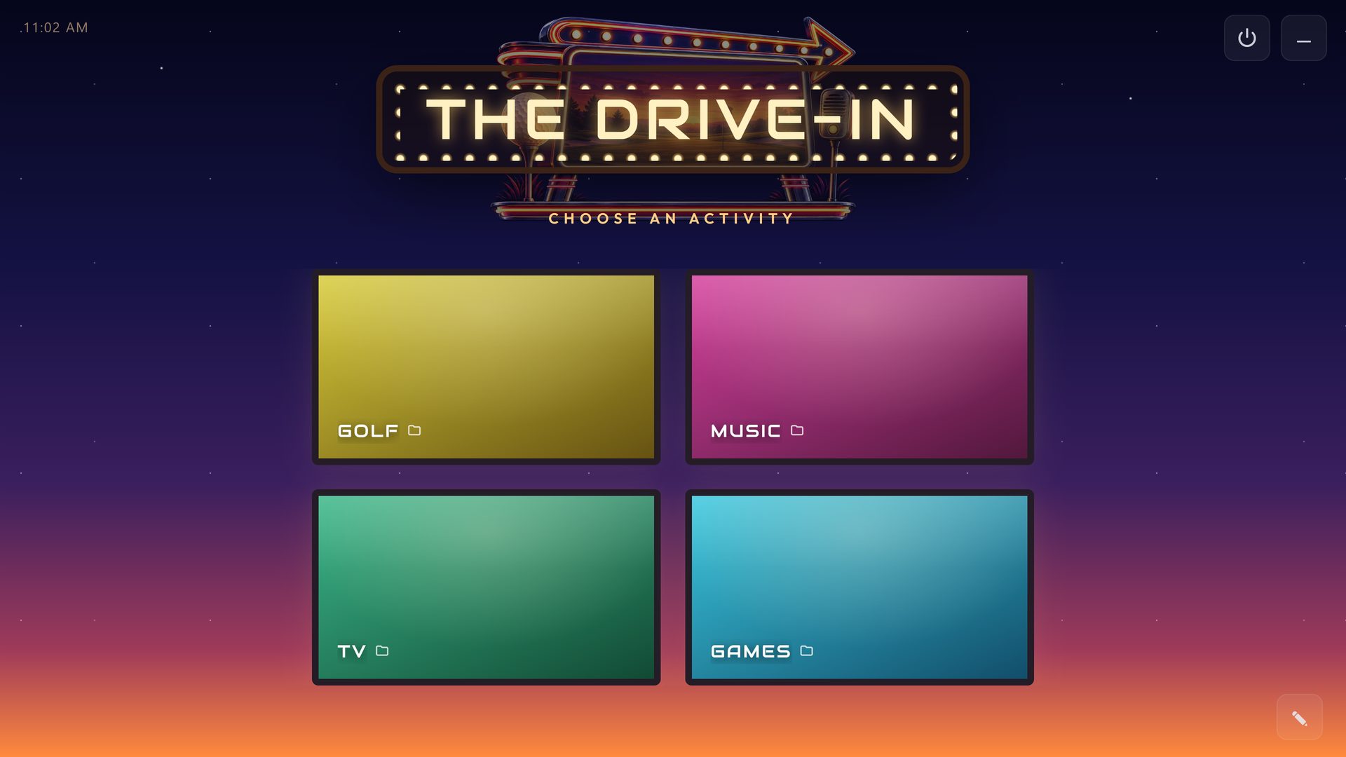 THE DRIVE-IN, a RoomCaddie home screen in the Drive-In theme, with four tiles: Golf, Music, TV and Games.