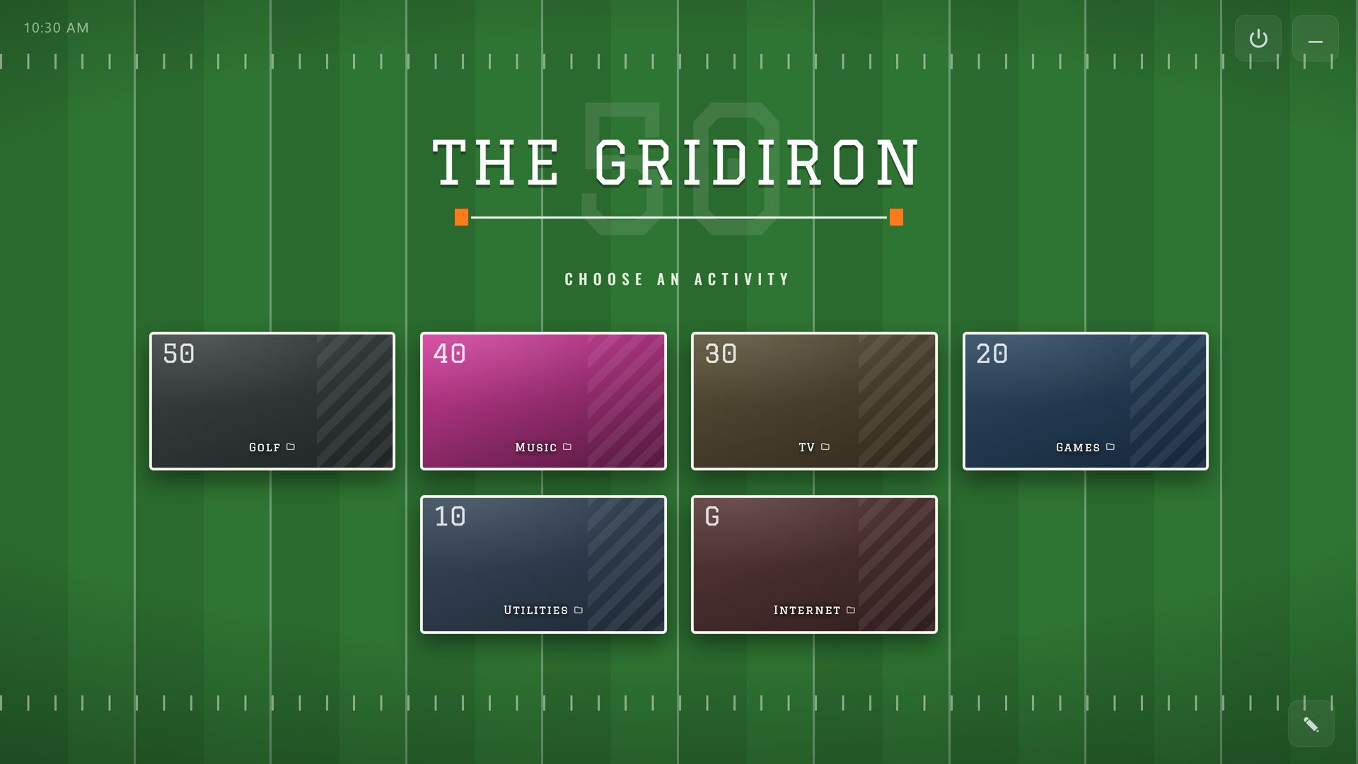 THE GRIDIRON, a RoomCaddie home screen in the Gridiron theme, with six tiles: Golf, Music, TV, Games, Utilities and Internet.