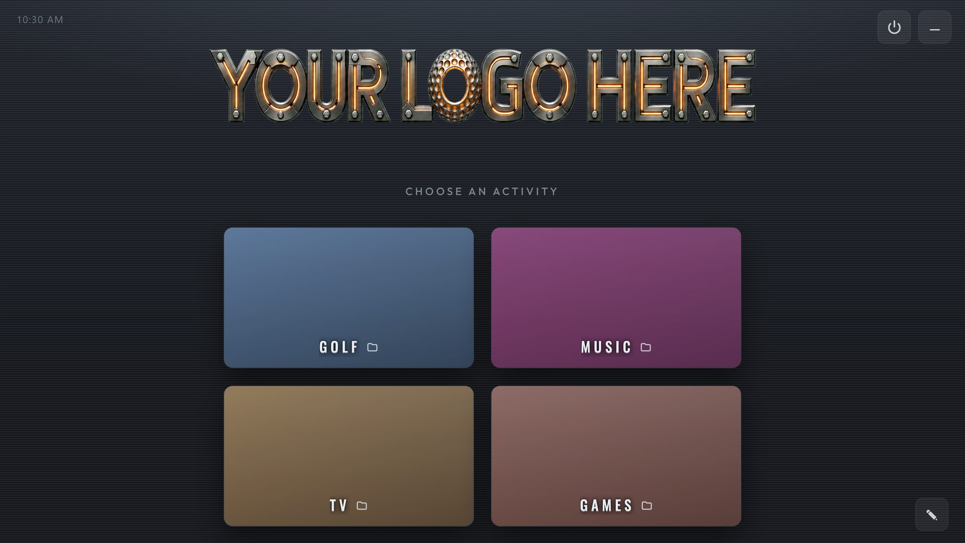 YOUR LOGO HERE, a RoomCaddie home screen in the Brushed Metal theme showing where your own logo goes, with four tiles: Golf, Music, TV and Games.
