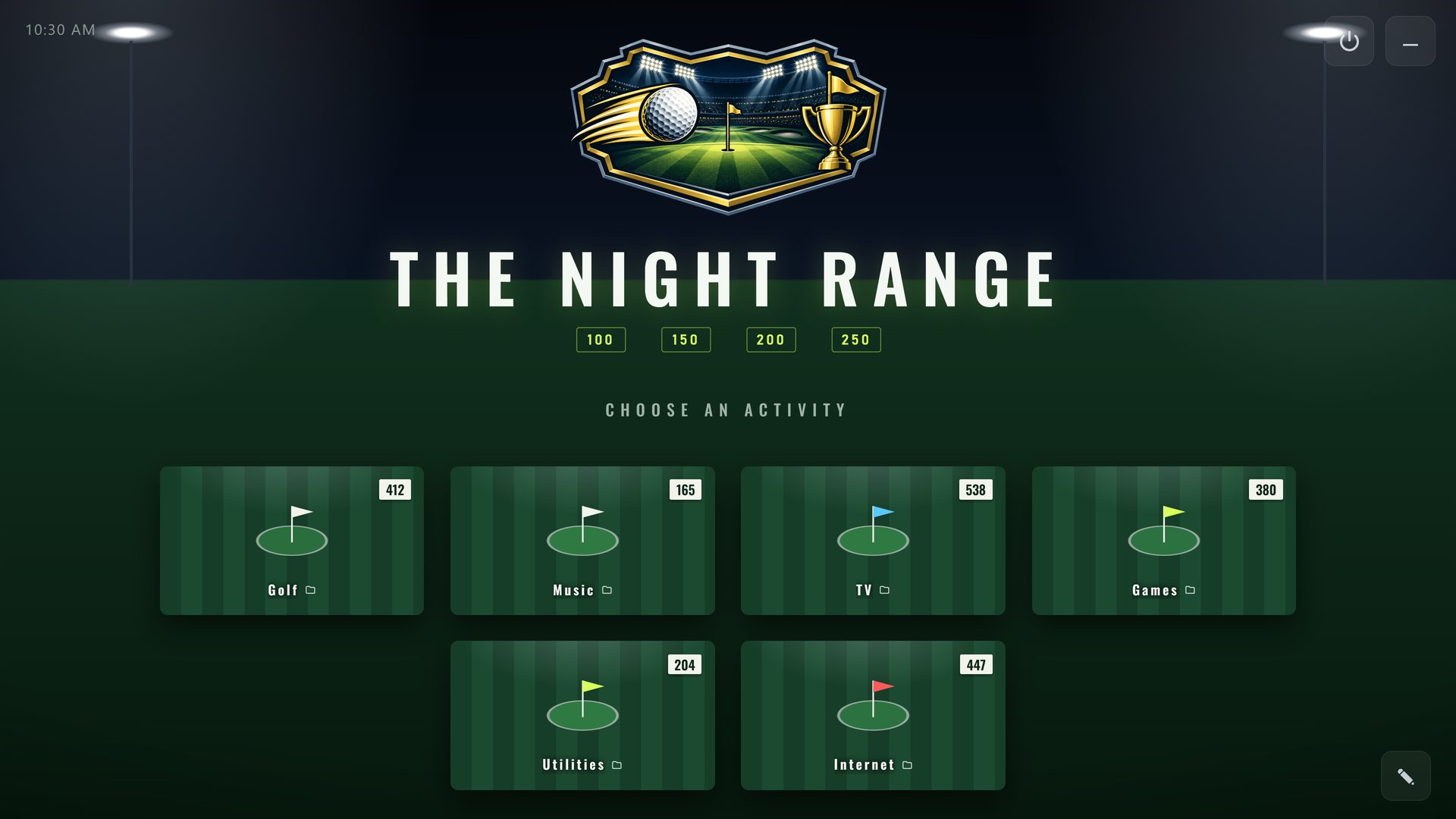 THE NIGHT RANGE, a RoomCaddie home screen in the Night Range theme, with six tiles: Golf, Music, TV, Games, Utilities and Internet.