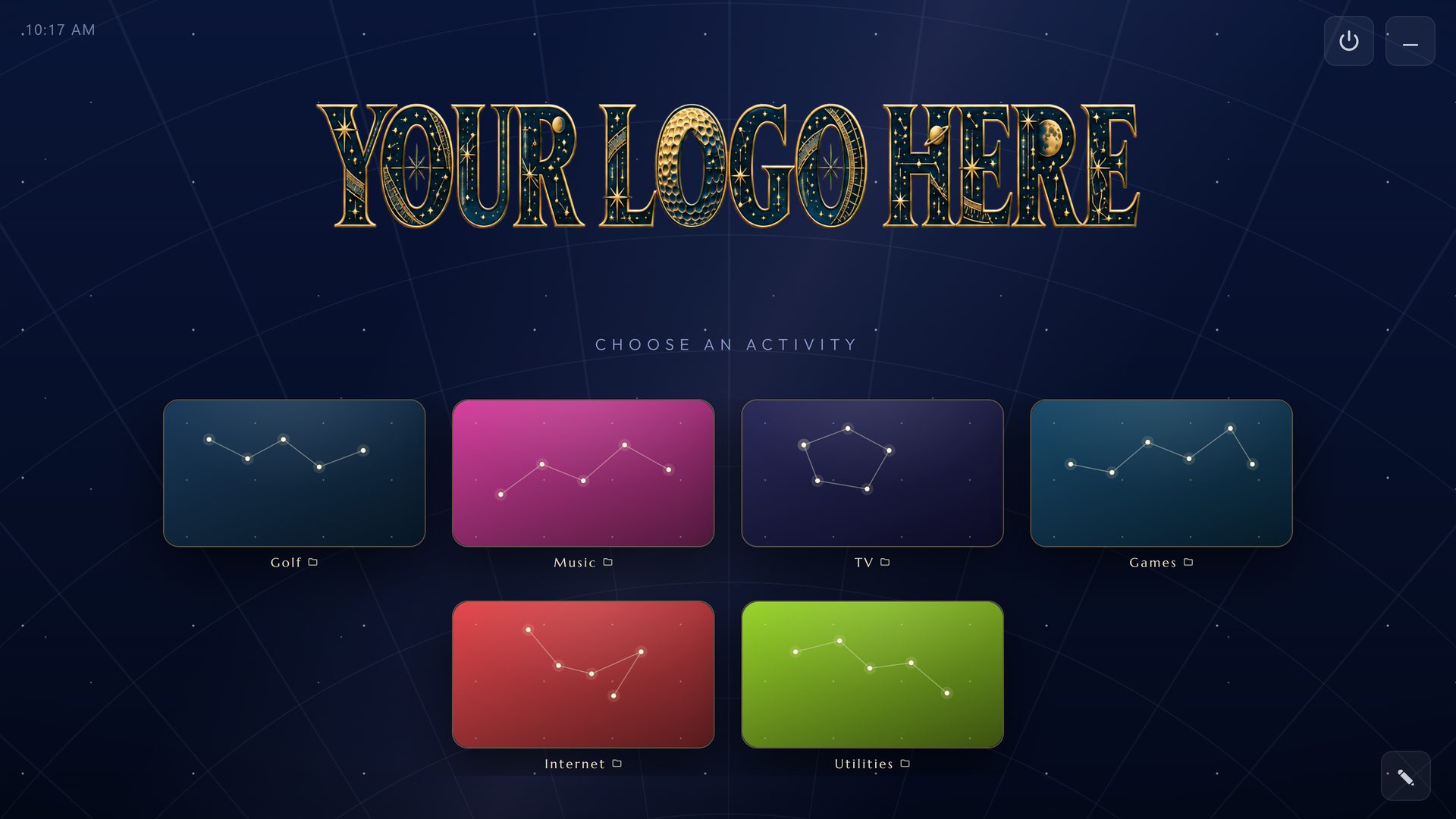 YOUR LOGO HERE, a RoomCaddie home screen in the Observatory theme showing where your own logo goes, with six tiles: Golf, Music, TV, Games, Internet and Utilities.