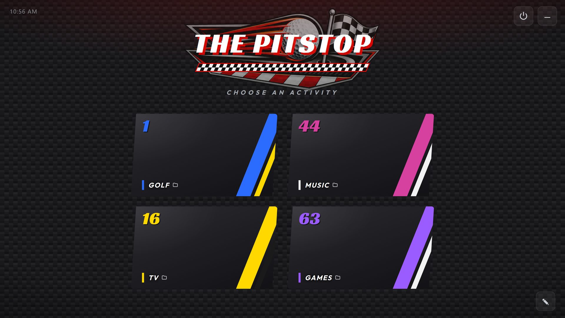 THE PITSTOP, a RoomCaddie home screen in the Pit Lane theme, with four tiles: Golf, Music, TV and Games.