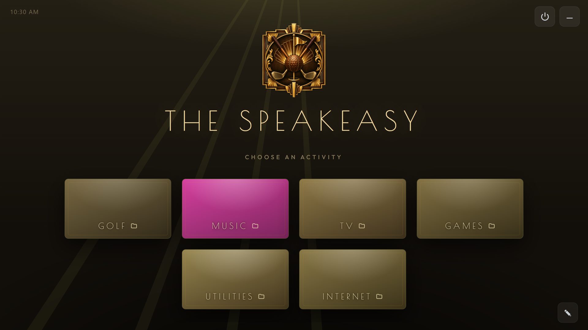 THE SPEAKEASY, a RoomCaddie home screen in the Speakeasy theme, with six tiles: Golf, Music, TV, Games, Utilities and Internet.