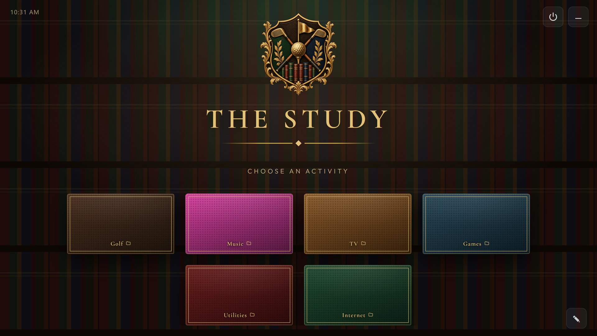 THE STUDY, a RoomCaddie home screen in The Study theme, with six tiles: Golf, Music, TV, Games, Utilities and Internet.
