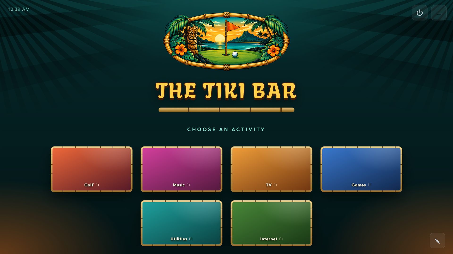 THE TIKI BAR, a RoomCaddie home screen in the Tiki Bar theme, with six tiles: Golf, Music, TV, Games, Utilities and Internet.
