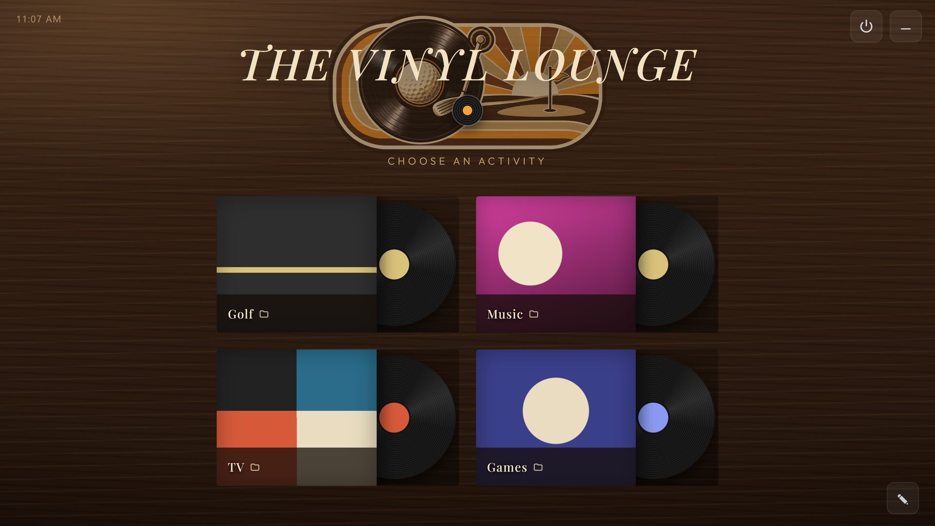 THE VINYL LOUNGE, a RoomCaddie home screen in the Vinyl Lounge theme, with four tiles: Golf, Music, TV and Games.