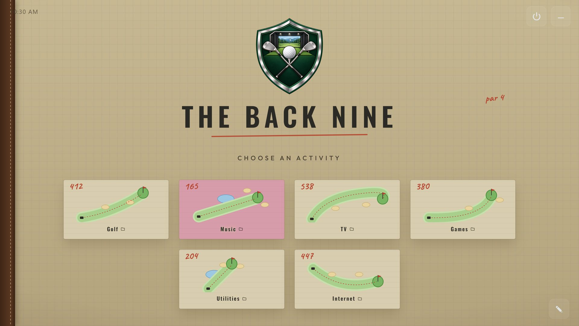 THE BACK NINE, a RoomCaddie home screen in the Yardage Book theme, with six tiles: Golf, Music, TV, Games, Utilities and Internet.
